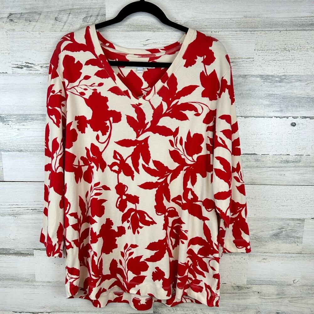 Chico’s Pima Cotton Floral Tunic Top | Red & Cream | Size 4 XXL | Resort Boho